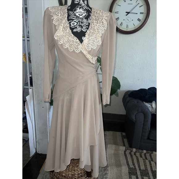 Casadei Dresses & Skirts - Vtg CASADEI dynasty Chiffon Wrap Dress Crochet lapel asymetric handkerchief hem